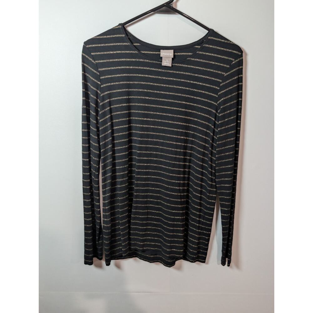 Chico's Shirt Top Essential Black Gold Lurex Stripe Layering Tee Size Small 0